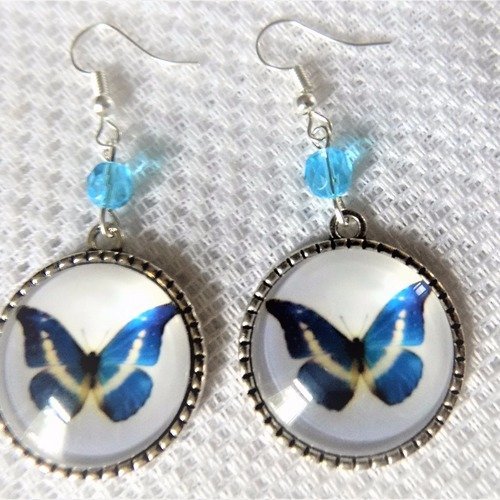 Boucles d'oreille argent et bleu,perle verre,cabochon motif papillon.