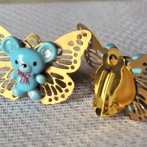 Boucles d'oreille clips enfant,doré et bleu,papillon et ourson.