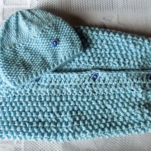 Ensemble bébé,chaussette d'emmaillotage et bonnet assorti,coloris bleu.