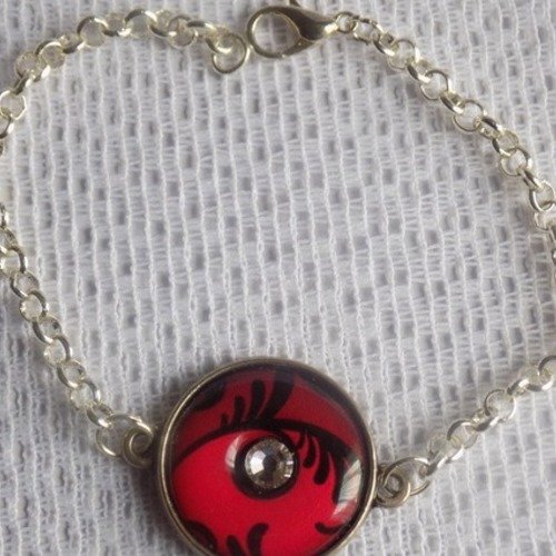 Bracelet argent,chaîne,cabochon connecteur en résine rouge et noir,petit cristal blanc.