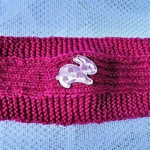 Bandeau enfant tricot,coloris fuchsia,lapin en tissu.