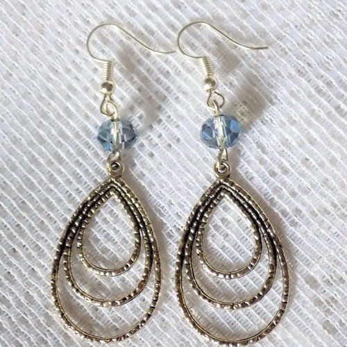 Boucles d'oreille argent,perle cristal à facettes coloris bleu,grande goutte.