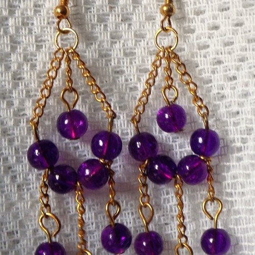 Boucles D'oreilles Pendantes Perruches Bleu/vert + Plume Fuchsia + Chaînettes Dorées - Occasion Très Bon état