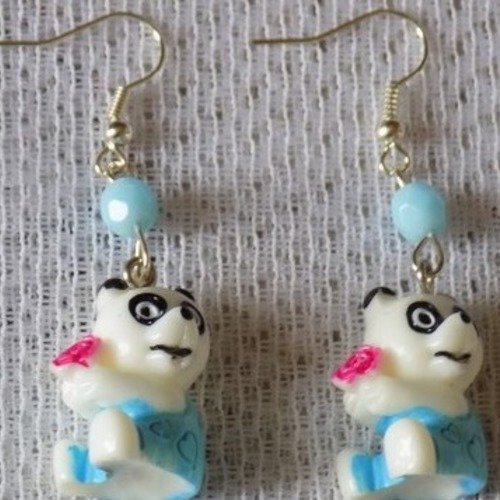 Boucles d'oreille argent,perle cristal,pendentif panda bleu,blanc et rose.