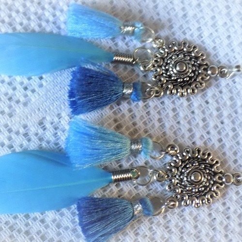 Boucles d'oreille argent,plume et pompons,coloris bleu.