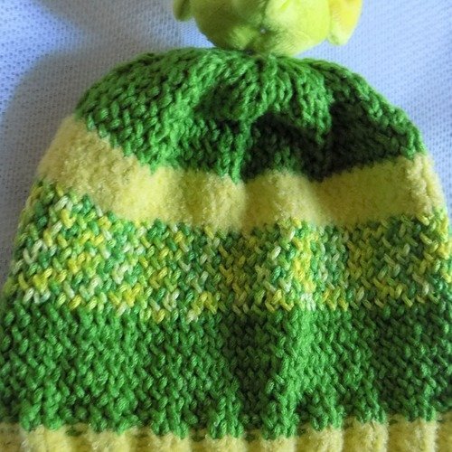 Bonnet à peluche enfant au tricot,éléphant,coloris vert,jaune,jaune chiné vert,t: 2 à 4 ans.