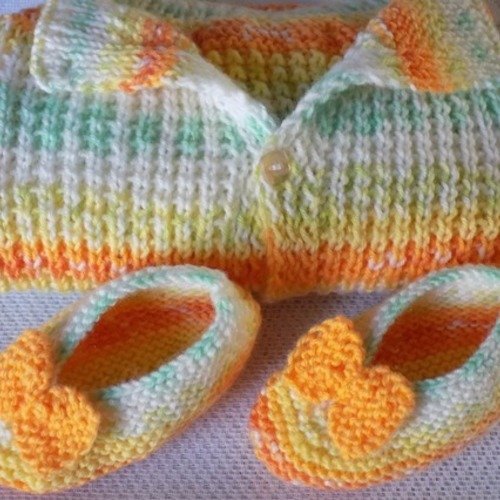 Ensemble bébé en tricot,gilet et chaussons,multicolore,3 mois.