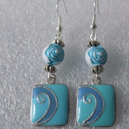 Boucles d'oreille argent,bleu,pendentif en émail,perles métal.