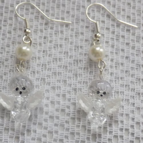 Boucles d'oreille argent,blanc et transparent,perle verre,breloque ange.