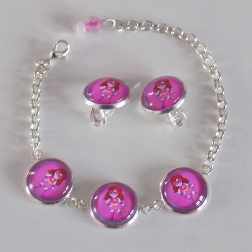 Parure bijoux enfants , bracelet et paire de clips , coloris rose.