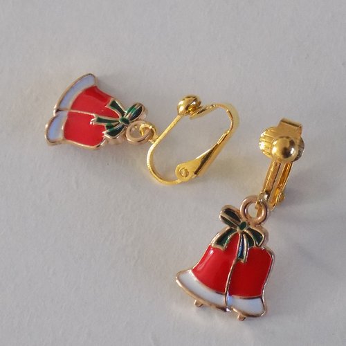 Boucles d'oreille clips cloches noël , coloris or , rouge , blanc.