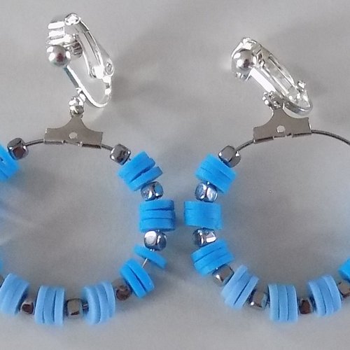 Clips créoles , perles heishi , perles d'hématite , coloris argent/bleu.