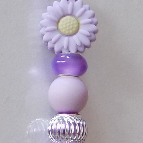 Stylo à perles , grande fleur , perle ronde , coloris argent/lilas.