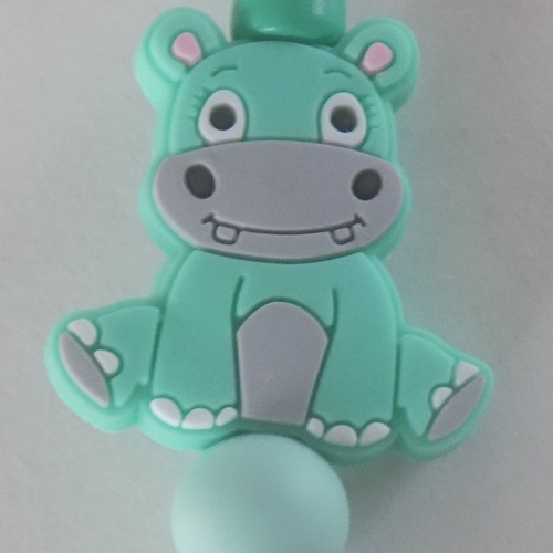 Stylo fantaisie , perles silicone , motif hippopotame ,perle résine , coloris vert/bleu/argent.