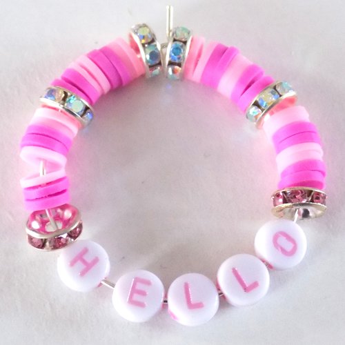 Boucles d'oreille créoles "hello", perles heishi ,argent/rose/blanc.