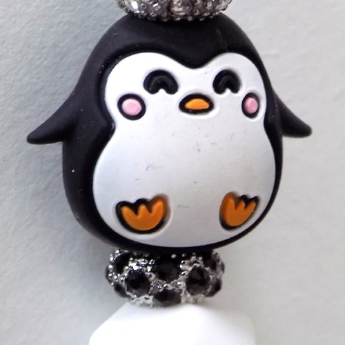 Stylo à perles , perles silicone pingouin, coloris blanc/argent/noir.