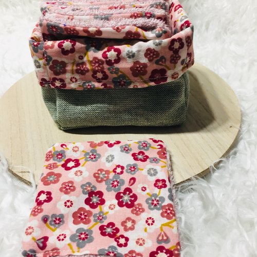 Corbeille réversible avec 12  debarbouillettes en coton et éponge reutilisables