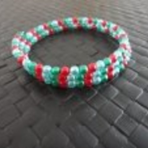 Bracelet fil mémoire de forme perles vert, rouge et bleu nacré 
