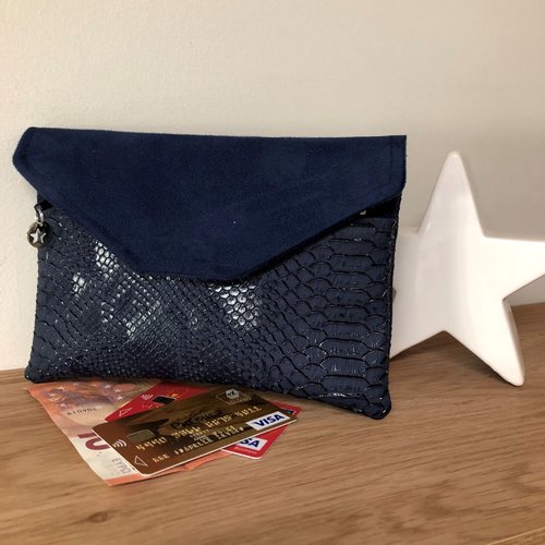 Compagnon de sac bleu marine / tout en un pour femme, suédine et simili cuir crocodile