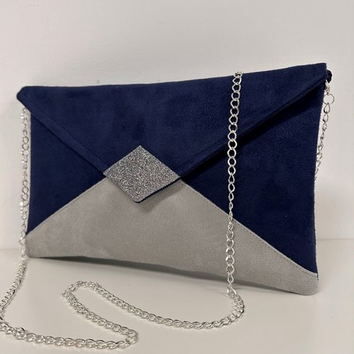 Pochette soirée bleu marine, gris perle, paillettes gris acier, chaînette argentée / sac à main forme enveloppe, personnalisable