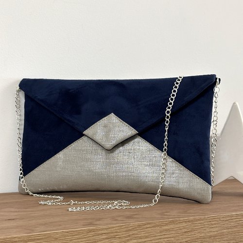 Pochette mariage, bleu marine et argenté, bandoulière amovible / sac à main forme enveloppe, suédine et lin, chaînette argentée