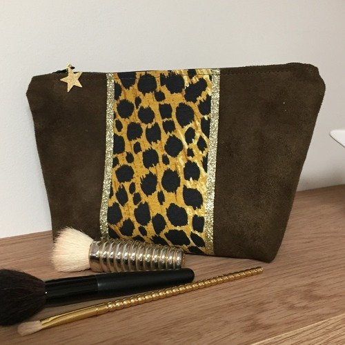 Pochette maquillage léopard, marron et paillettes dorées / pochette de sac personnalisable / imprimé animalier