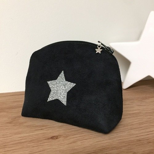Porte monnaie noir, étoile paillettes argentées,femme, enfant / bourse zippée en suédine personnalisable / cadeau personnalisé