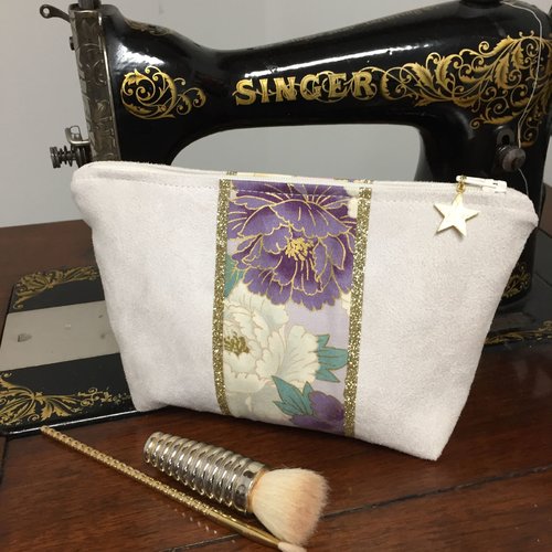 Pochette à maquillage en tissu japonais fleuri et suédine écrue, paillettes dorées