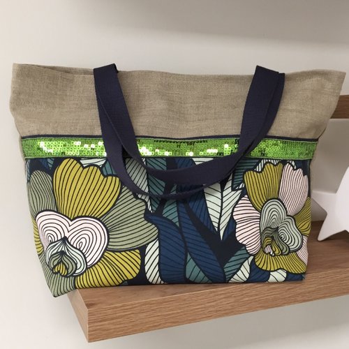 Sac cabas lin et fleurs vintage, paillettes vert pomme / large tote bag motif fleurs rétro bleu nuit et vert / sac de plage coloré