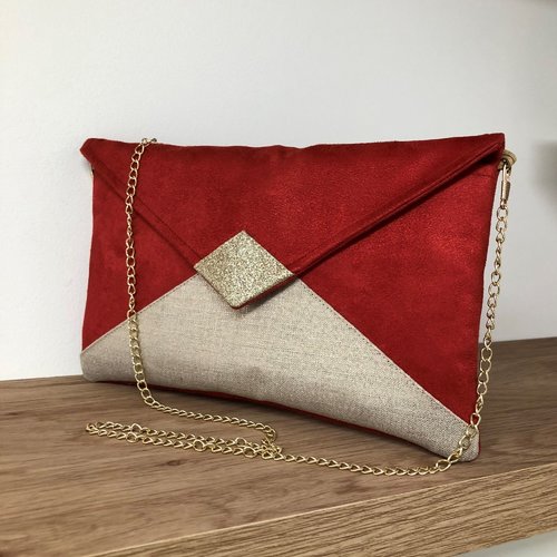 Pochette mariage rouge et doré, avec chaînette amovible / sac à main suédine et lin, forme enveloppe, personnalisable