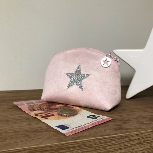 Porte monnaie rose, étoile paillettes argentées, femme, enfant / bourse zippée en suédine personnalisable / cadeau personnalisé