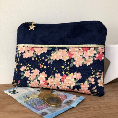 Porte monnaie zippé bleu marine et doré, femme / mini pochette de sac personnalisable, suédine et tissu japonais fleuri