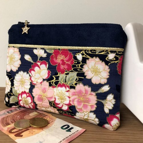 Porte monnaie bleu marine et doré, en tissu japonais / mini pochette de sac, suédine et tissu fleuri / personnalisable