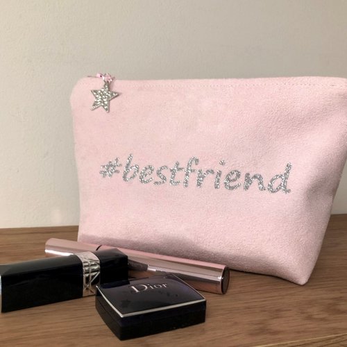 Pochette maquillage rose pastel avec paillettes argentées / trousse de sac femme, message personnalisable / meilleure amie