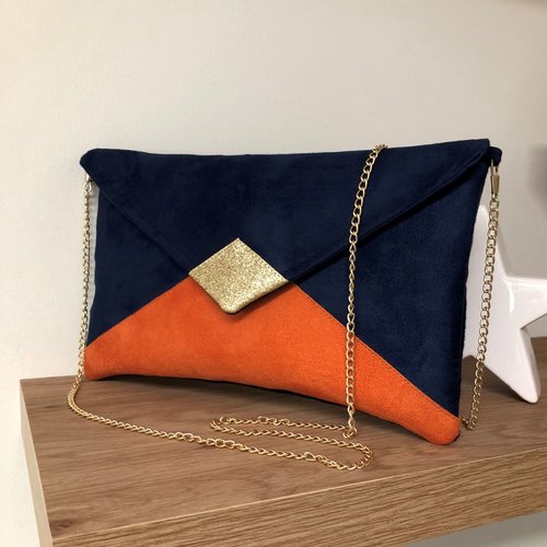 Pochette mariage bleu marine, orange, paillettes dorées / sac à main forme enveloppe, personnalisable, chaînette amovible