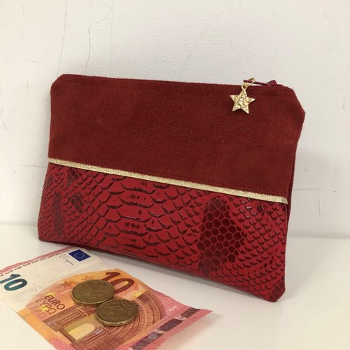 Porte monnaie zippé rouge et doré, femme / mini pochette de sac personnalisable, suédine et simili cuir crocodile