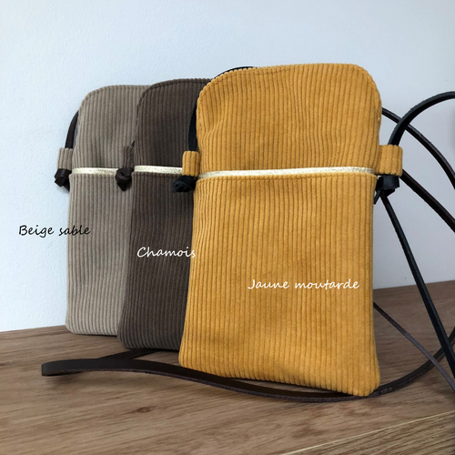 Mini pochette bandoulière jaune moutarde téléphone / petit sac velours côtelé et cuir / lanière réglable