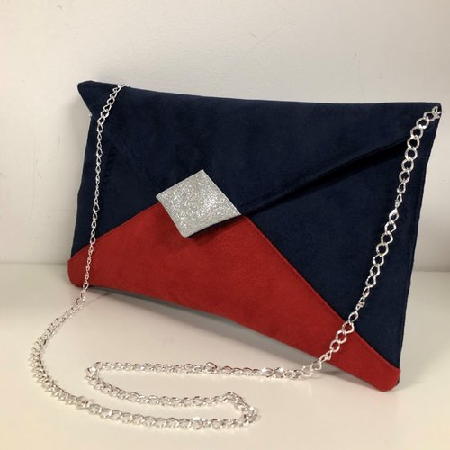 Pochette mariage bleu marine, rouge franc, paillettes argentées / sac à main forme enveloppe, personnalisable avec chaînette amovible