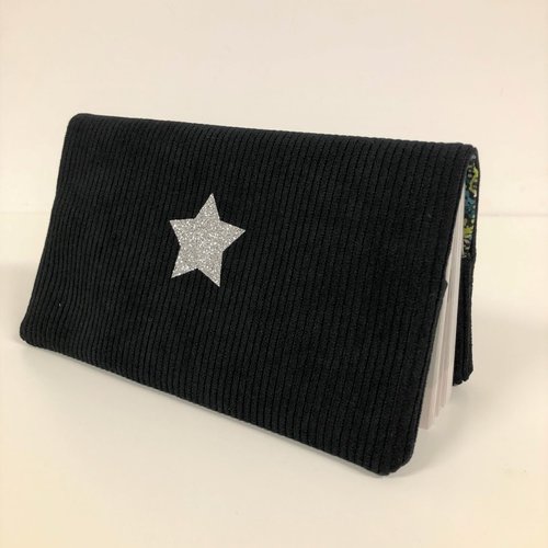 Porte chéquier en velours cotelé noir, étoile argentée / etui carnet de chèques format portefeuille / personnalisable