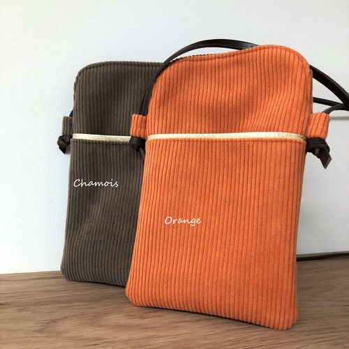 Mini pochette bandoulière orange téléphone / petit sac velours côtelé et cuir / lanière réglable