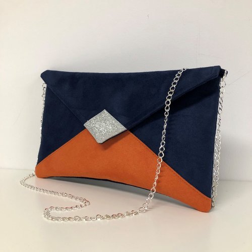 Pochette mariage bleu marine, orange, paillettes argentées / sac à main forme enveloppe, suédine personnalisable, chaînette amovible