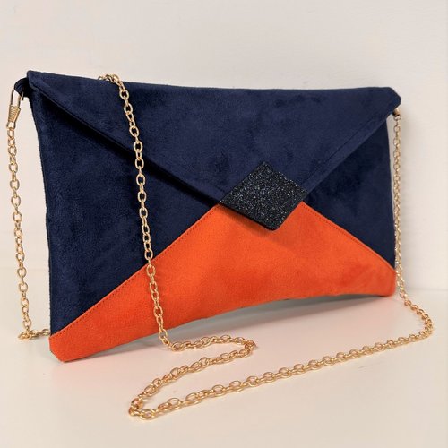Pochette mariage bleu marine, orange, avec paillettes bleues / sac à main forme enveloppe, suédine personnalisable, chaînette amovible