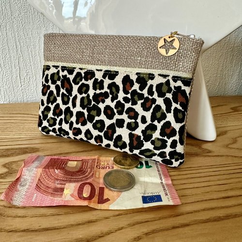 Porte monnaie en lin beige léopard / petite pochette de sac personnalisable