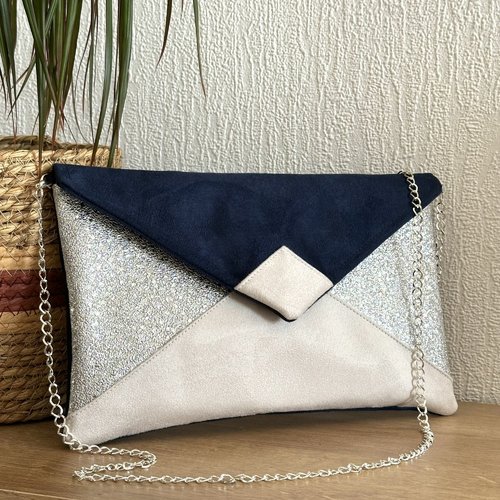 Sac pochette soirée bleu marine écru et argenté, chaînette amovible / sac à main mariage personnalisable