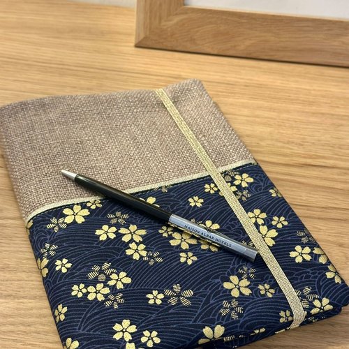 Etui agenda en lin et tissu japonais sakura / housse carnet sur mesure / etui notebook beige bleu et doré, personnalisé
