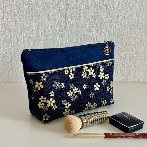 Trousse à maquillage bleu en tissu japonais à fleurs dorées / trousse zippée personnalisable