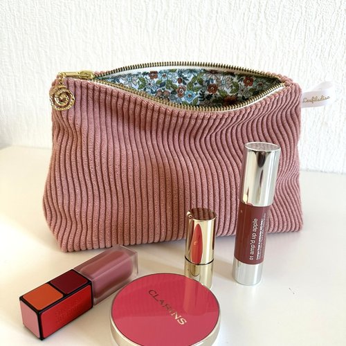 Pochette en velours grosses côtes rose blush / trousse maquillage style sportswear / personnalisable
