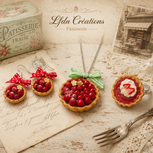 Collier tarte fraise en fimo, boucle d'oreilles tartelette fraise, bijoux gourmands
