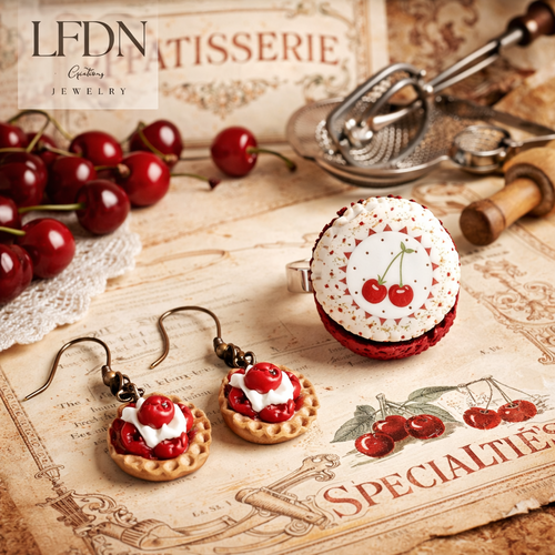 Bague macaron en fimo, boucle d'oreille tarte, bijoux gourmands