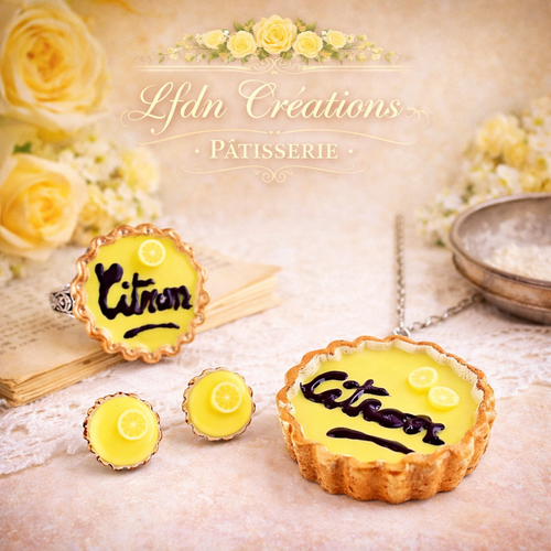 Collier tarte au citron en fimo, bague tarte citron, bijoux gourmands